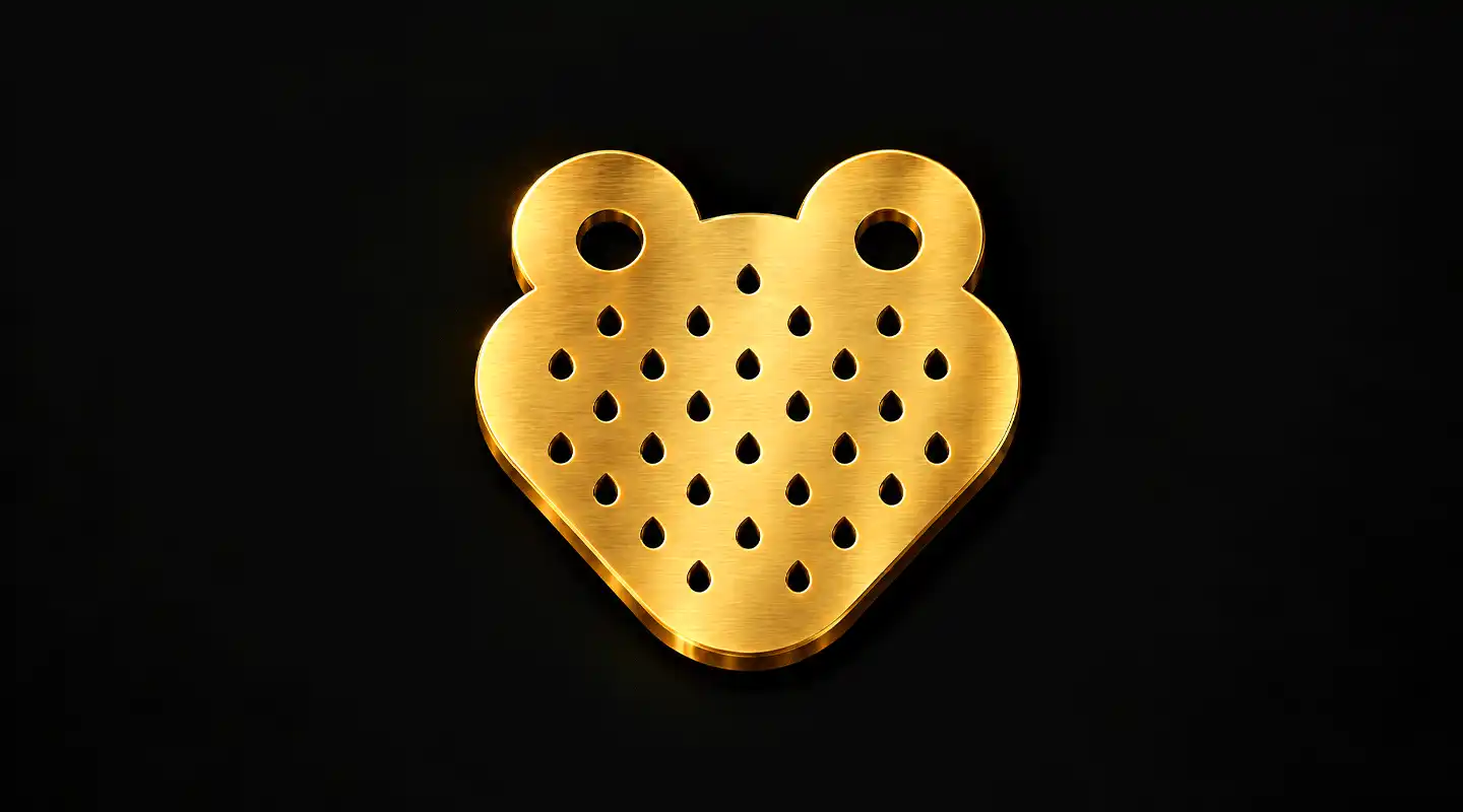 Brushed gold StrawberryFrog mark on black