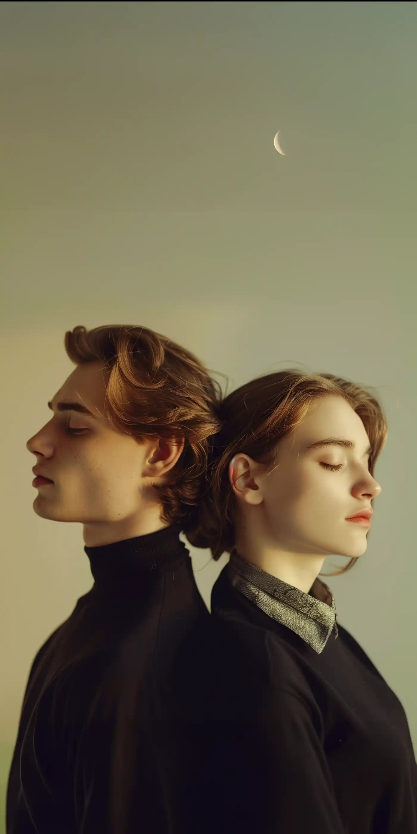 Two young people standing back-to-back in profile with eyes closed, softly lit against a neutral gradient background.