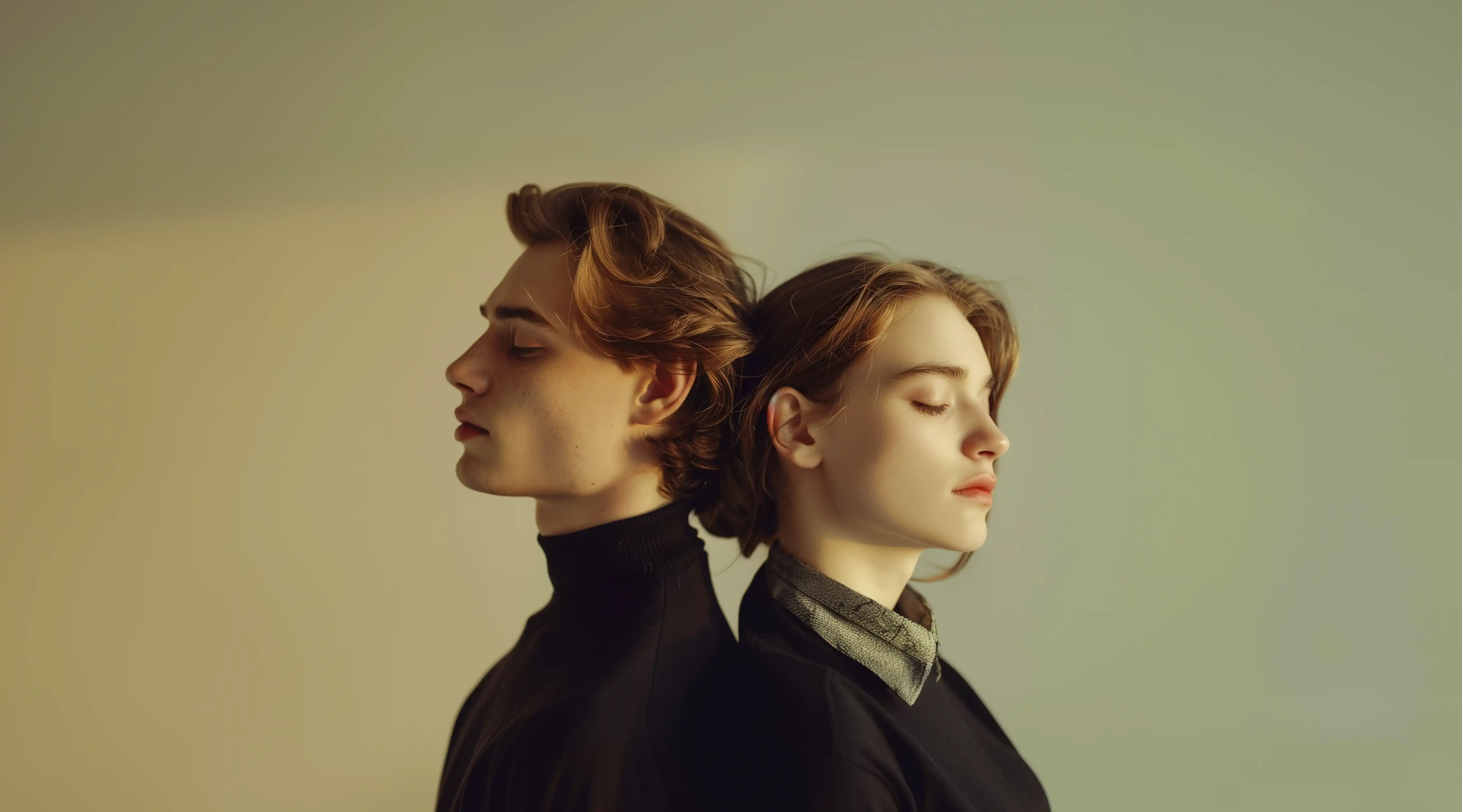 Two young people standing back-to-back in profile with eyes closed, softly lit against a neutral gradient background.