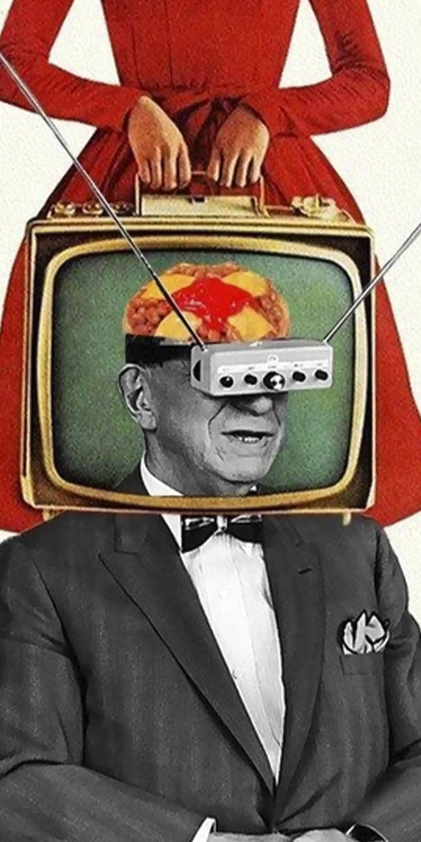 Surreal collage of three identical suited figures with vintage television sets for heads displaying exploding imagery, repeated side by side — a visual metaphor for copy-of-a-copy degradation and the limits of AI multiplying when there is nothing original left to clone
