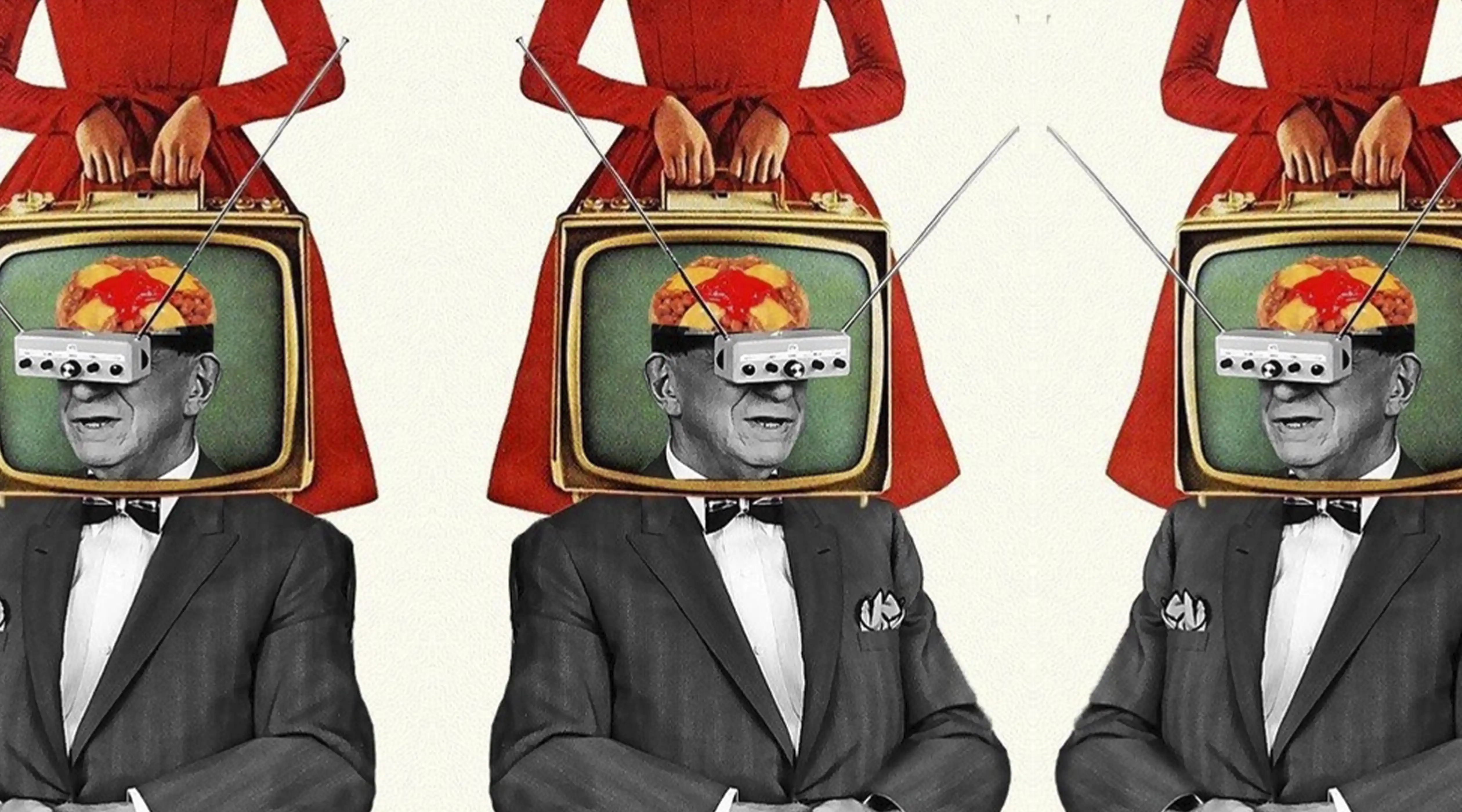 Surreal collage of three identical suited figures with vintage television sets for heads displaying exploding imagery, repeated side by side — a visual metaphor for copy-of-a-copy degradation and the limits of AI multiplying when there is nothing original left to clone