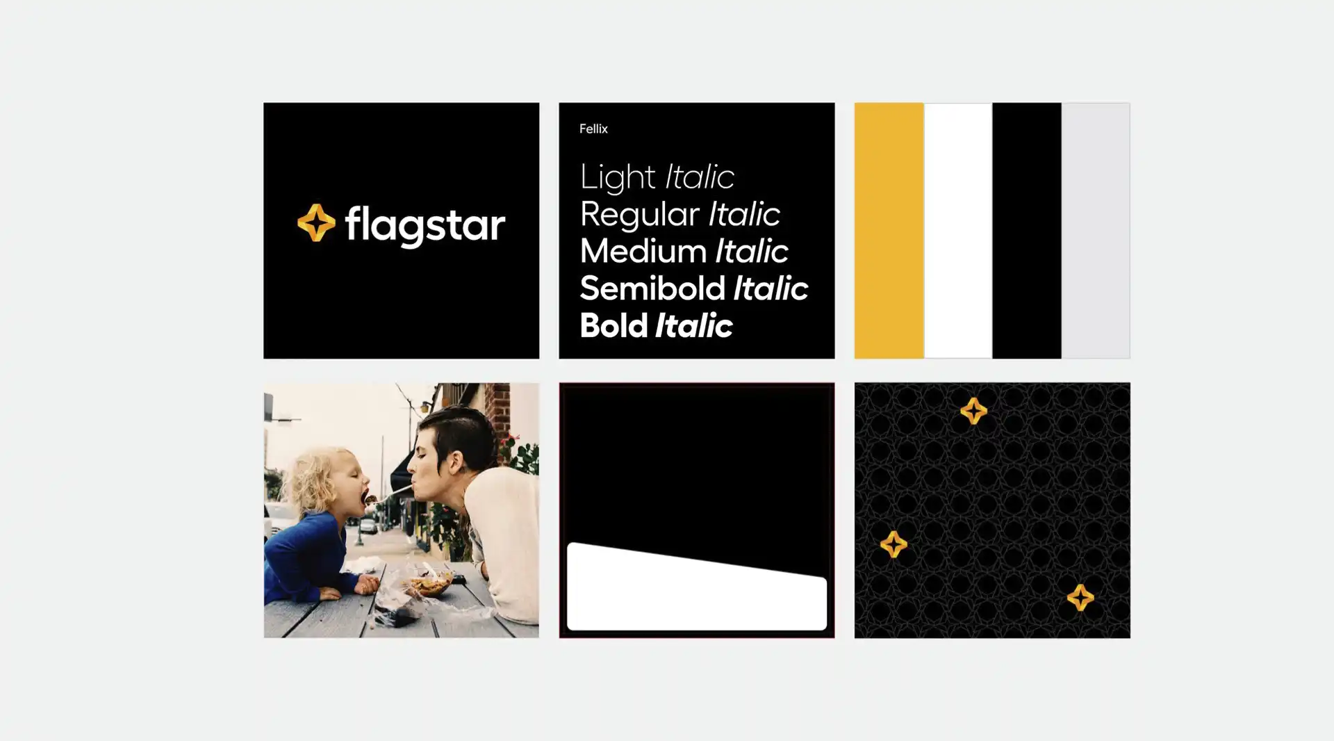 Grid of Flagstar brand elements: logo on black, typography weights in italics, yellow/white/black/gray palette bars, lifestyle photo, angled card frame, and star-pattern graphic.