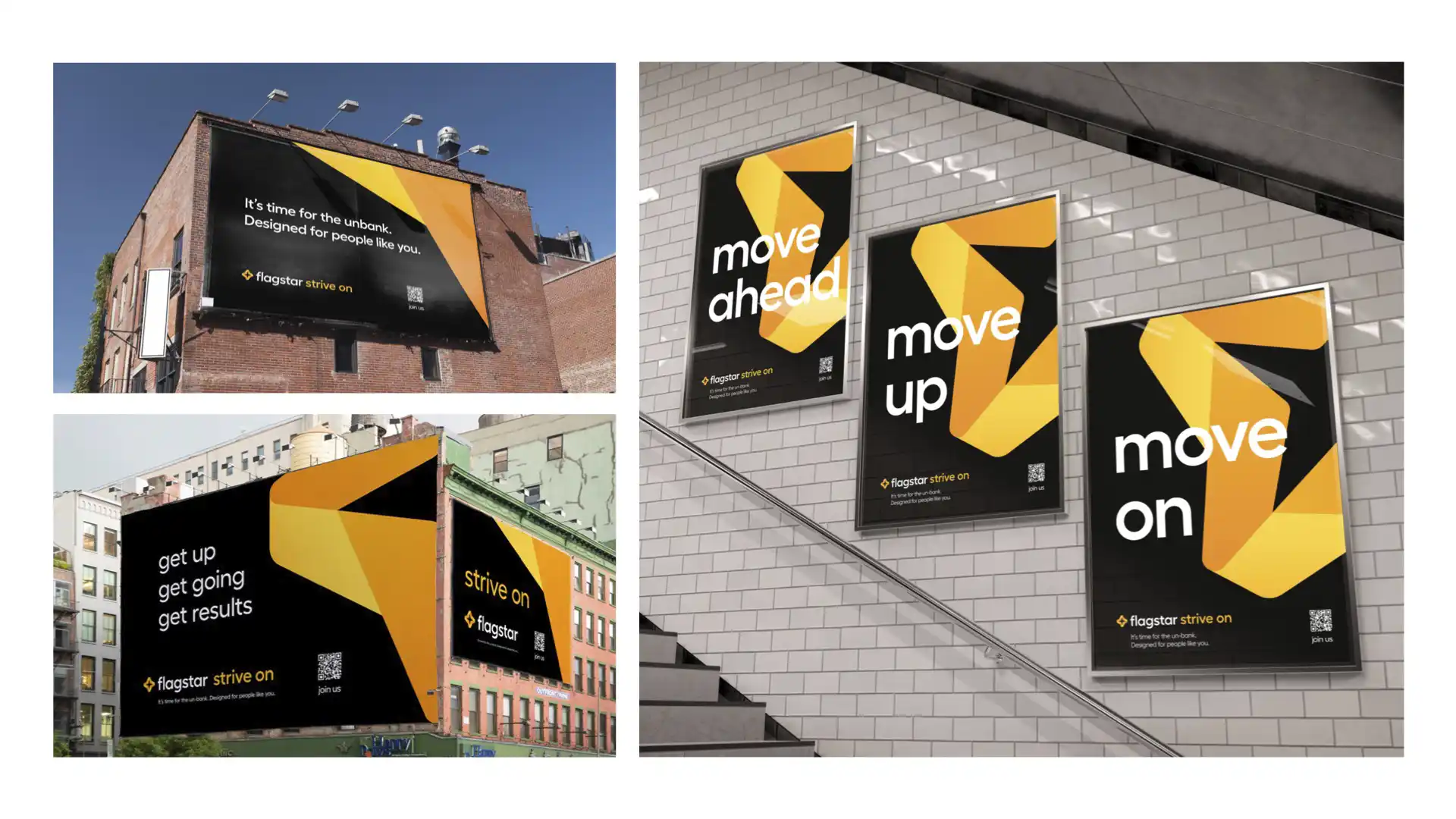 Flagstar out-of-home ads: black posters and billboards with a folded yellow ribbon graphic and bold white headlines like "move ahead," "move up," and "move on."