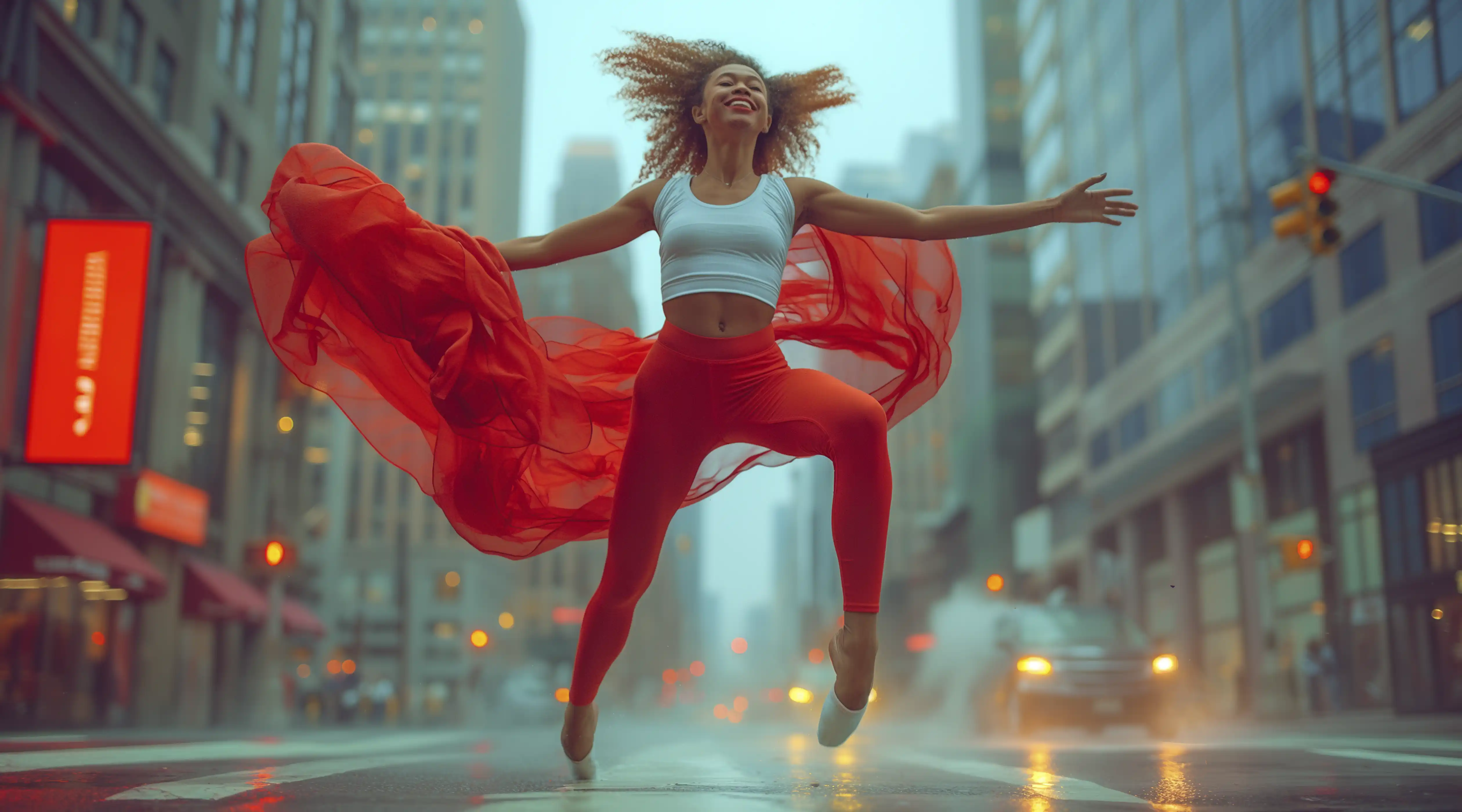Woman in a red athletic outfit leaping over an urban ledge at night, lit by teal and orange streetlights with mist rising below.