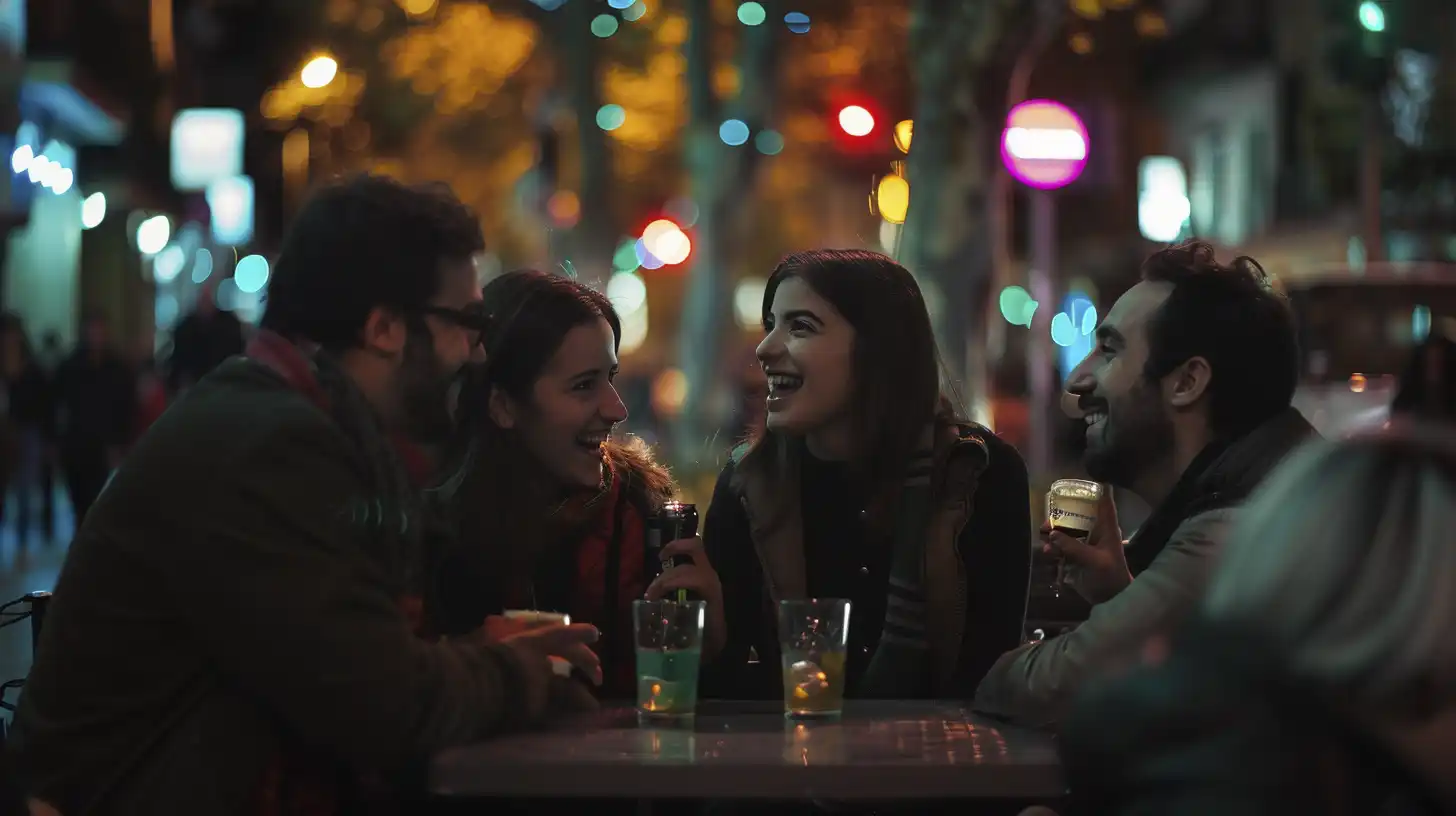 Four friends talking and laughing at an outdoor table at night, city lights blurred in the background, drinks on the table