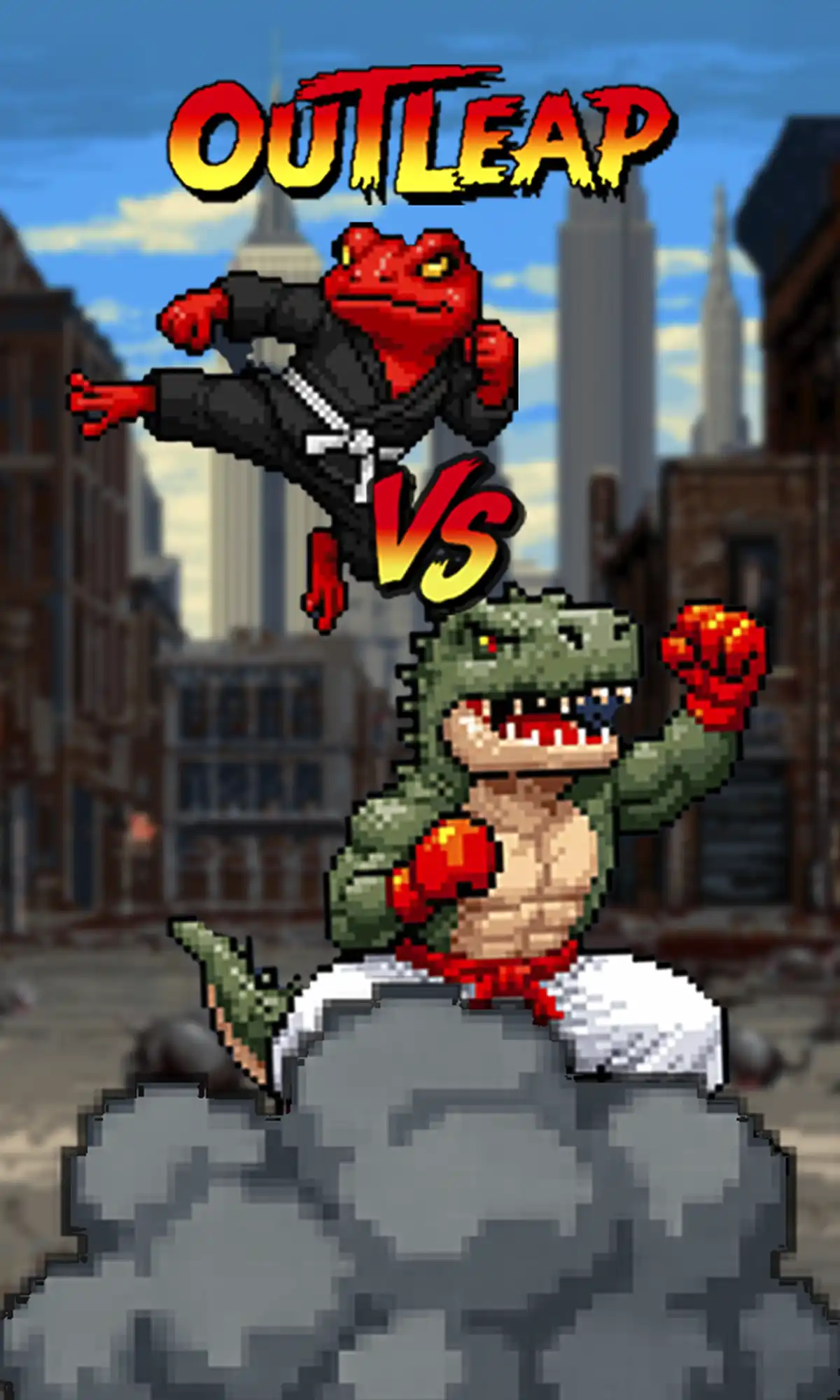 Pixel art fighting game scene showing two characters in combat stance on a NYC street - the nimble Frog versus Dinosaur character in boxing gloves, with the Outleap logo overlay