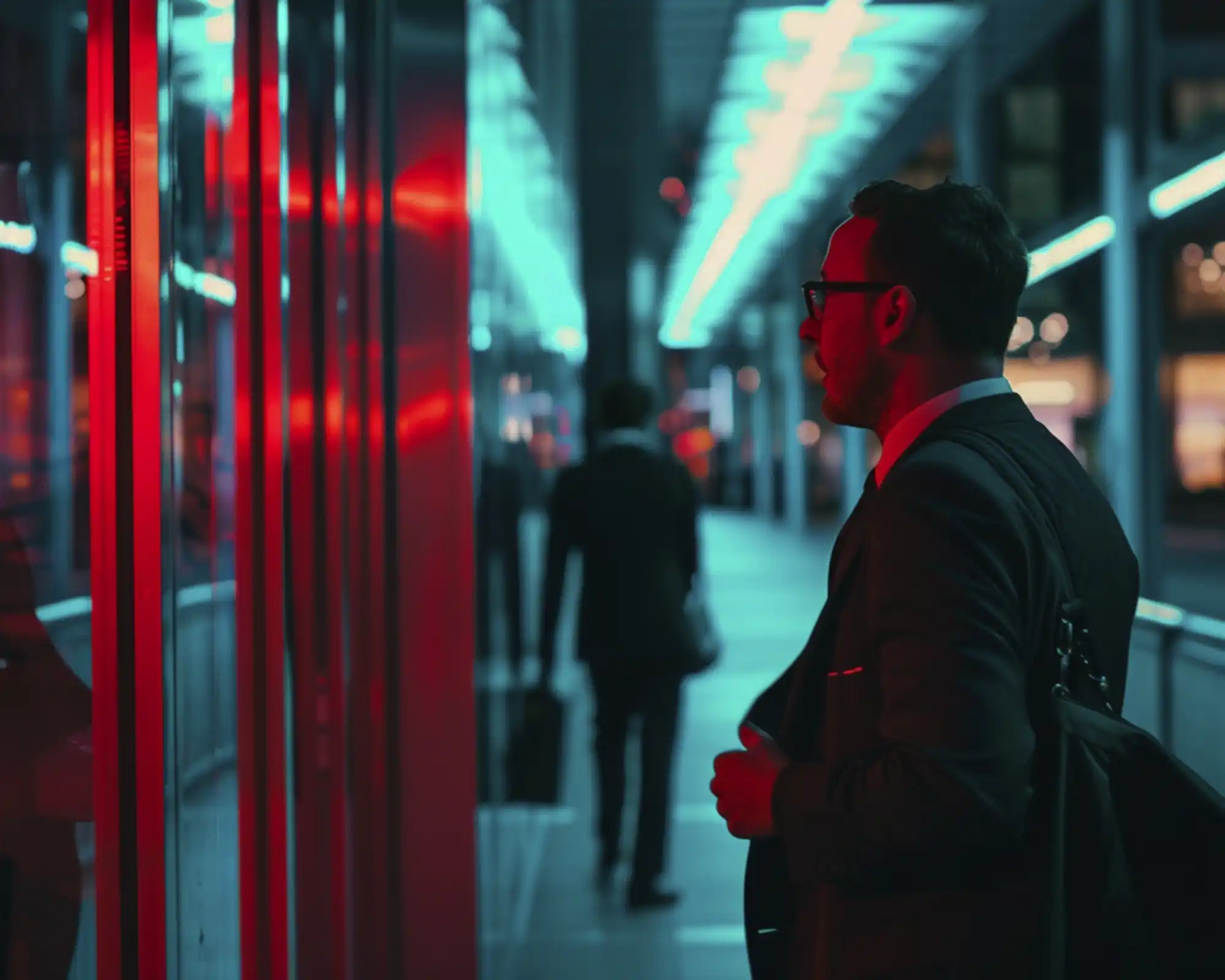 Man in dark suit and glasses walking through a neon-lit urban passage at night, with red light on the left and teal light on the right, another person silhouetted in the distance.