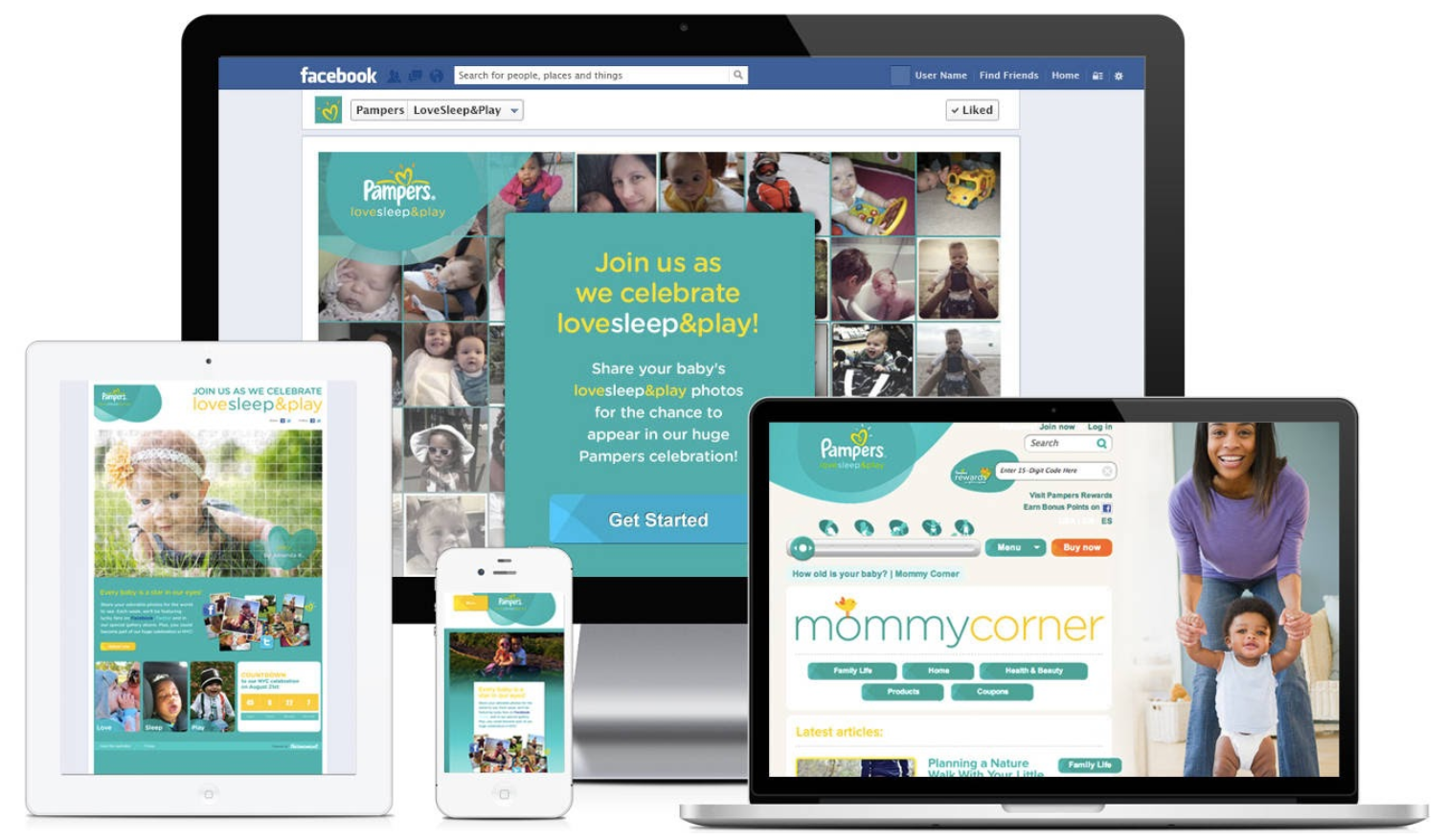 Mock-up of Pampers’ online presence on desktop, laptop, tablet, and mobile devices. 