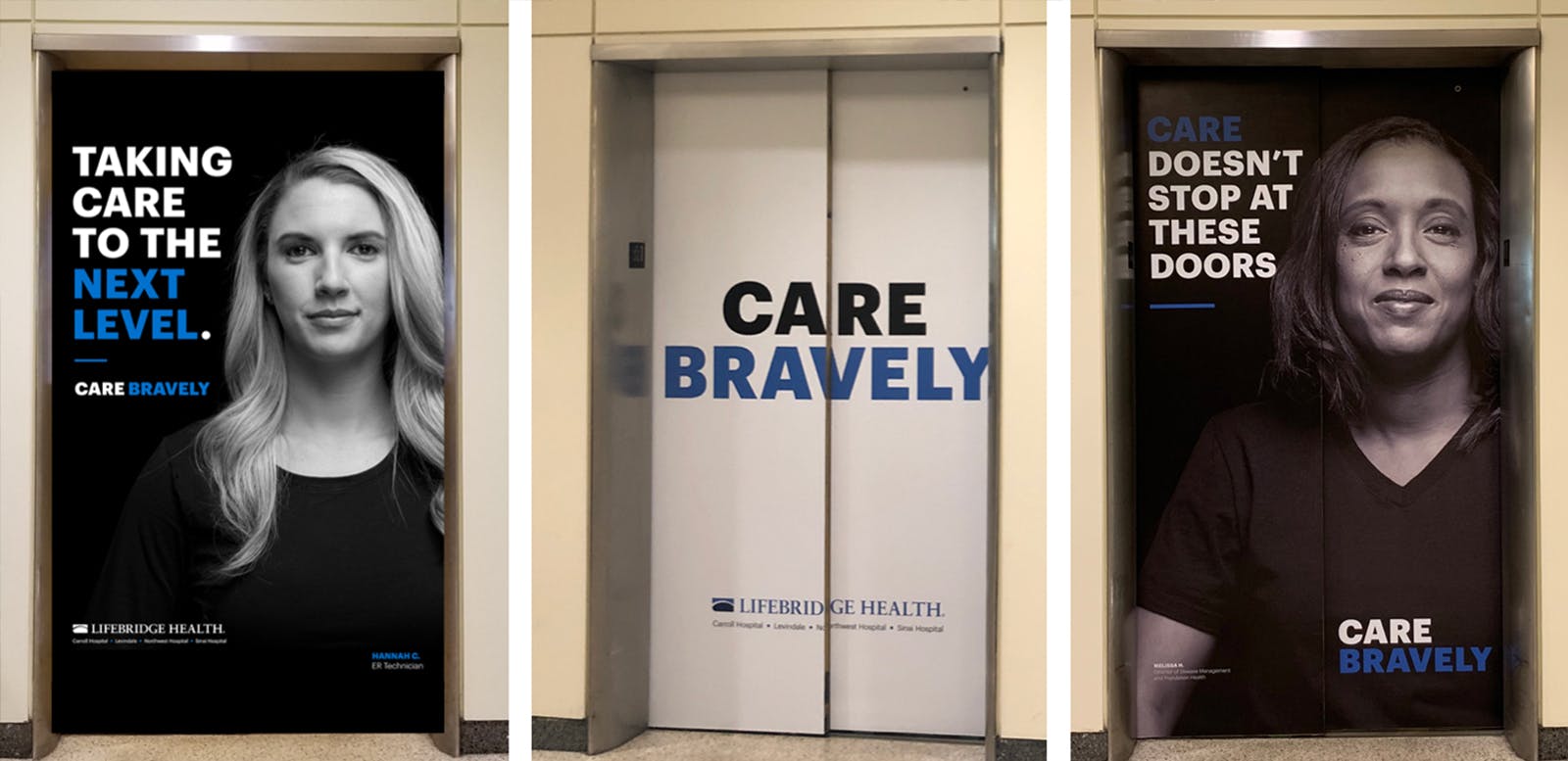 A collection of the physical graphic elements of the “Care Bravely” campaign.