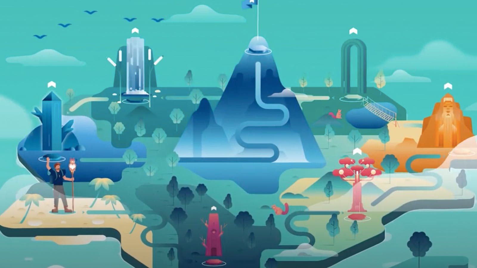 An animated, imaginary world built in a green and blue color palette for the “onUP Challenge.” 