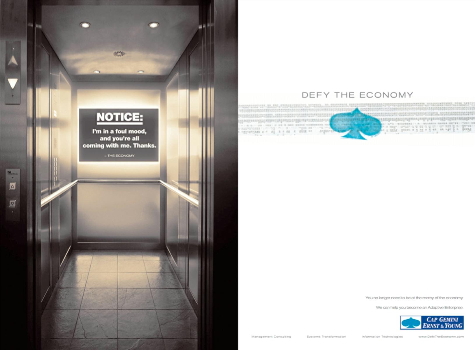 Sign visual for Cap Gemini’s “Adaptive Enterprise” campaign hung at the end of a hallway. 