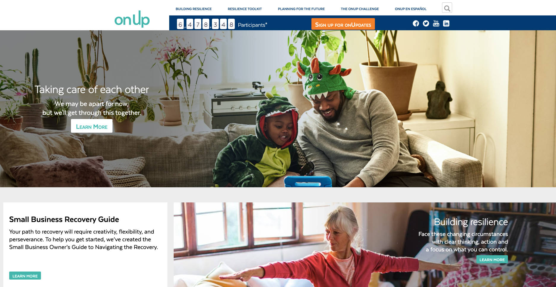 Screenshot of a webpage featuring two visuals - a woman exercising, and a man playing with his child.