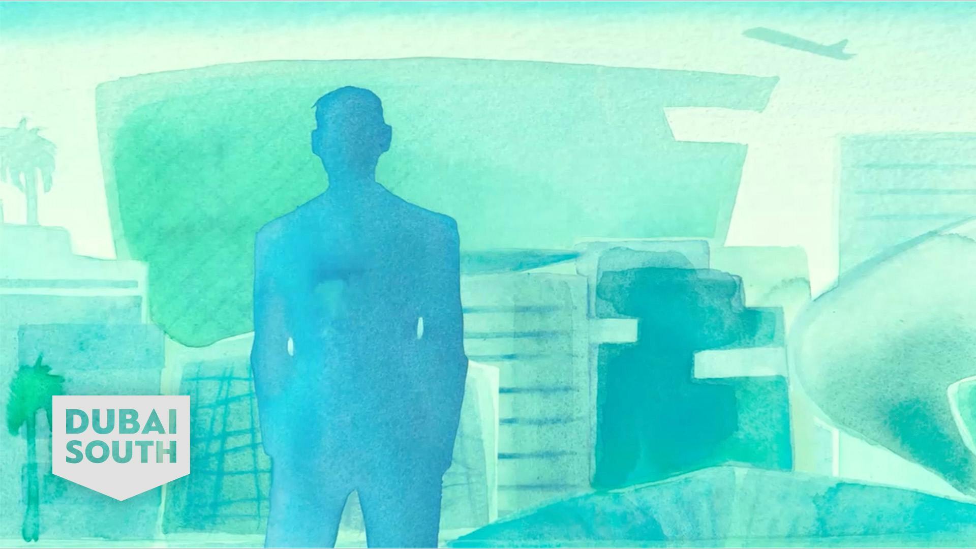 Watercolor aspect silhouette of a man standing in front of a cityscape.