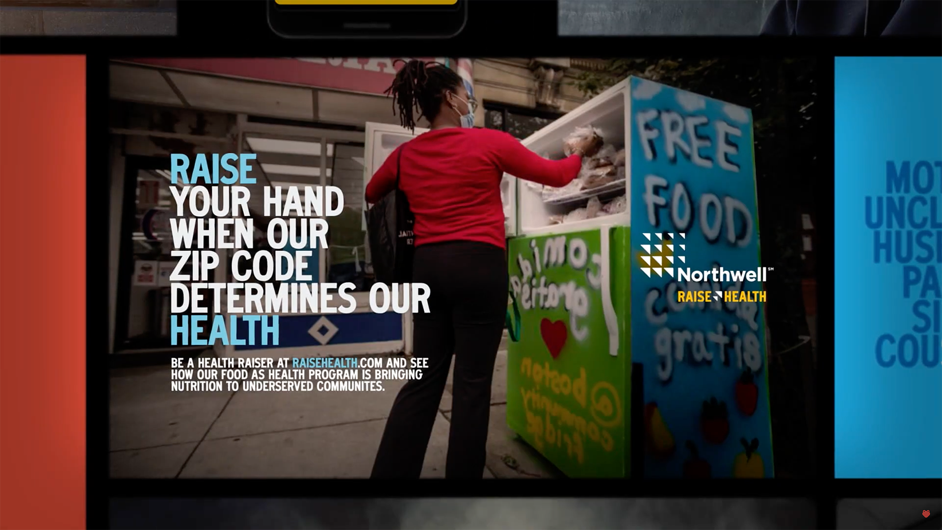Masked woman grabbing food from a fridge. Overlaid text reads “Raise your hand when our zip code determines our health.”