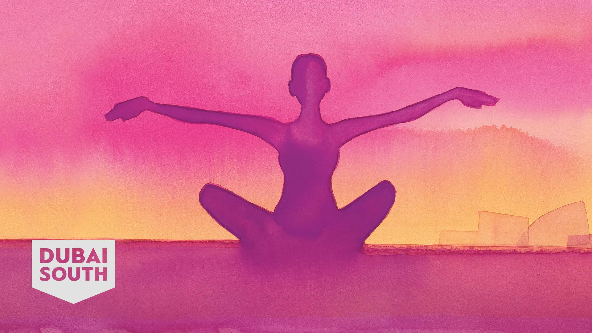 Watercolor aspect silhouette of a woman practicing yoga.