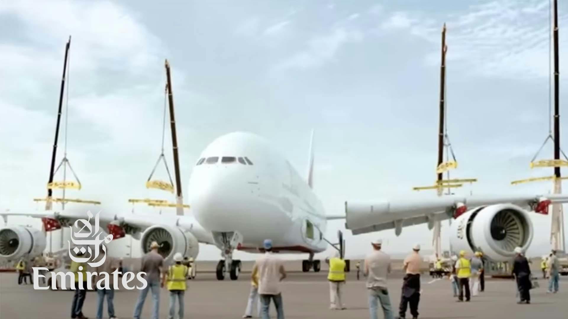 Screen grab from the Emirates case study of airport ramp agents facing a large white plane.