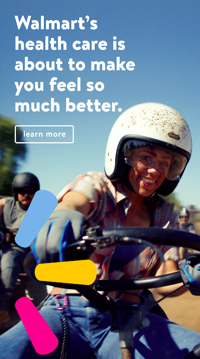 Happy woman wearing a helmet and driving a tractor in a tractor race with caption, "Walmart's health care is about to make you feel so much better".