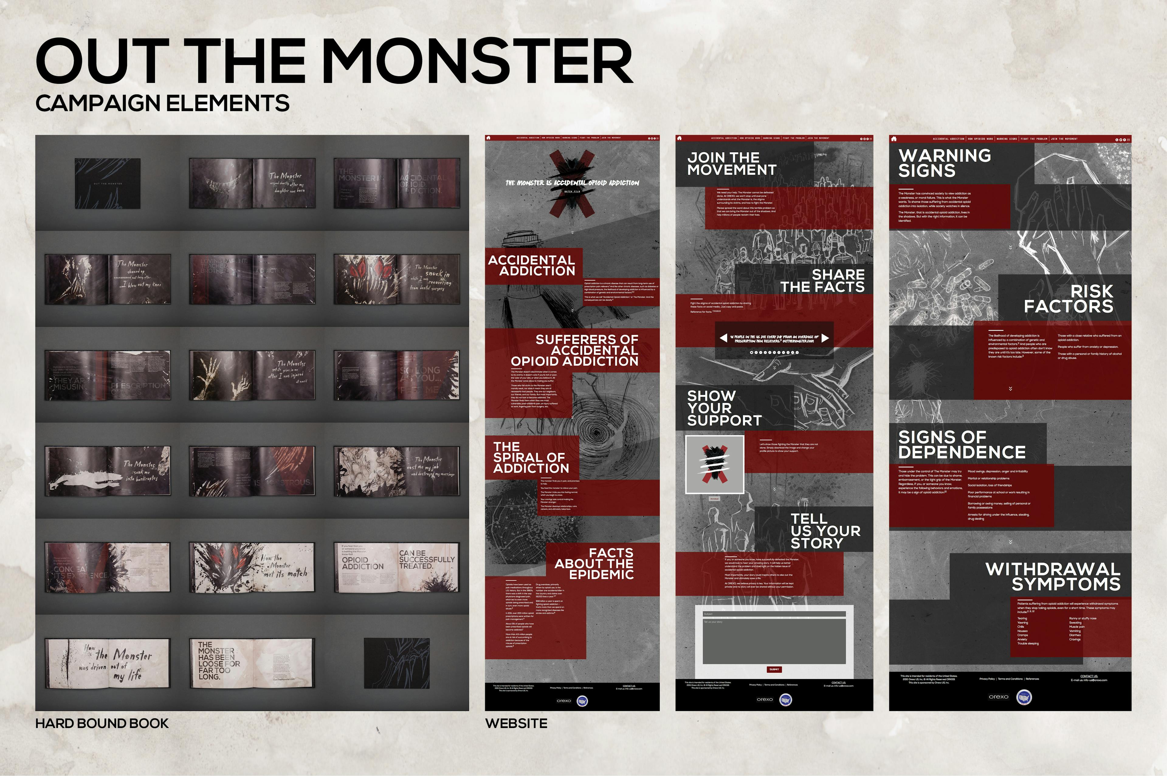 A graphic containing all “Out the Monster” campaign elements in a gray, red, and off-white color palette.