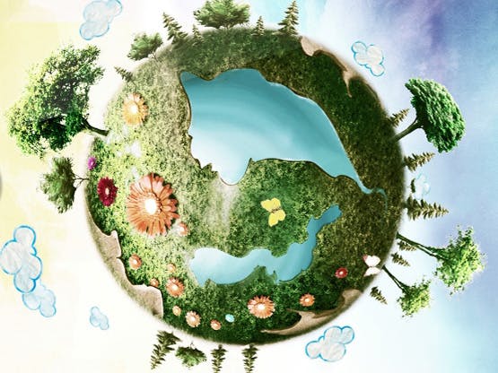 Artistic rendition of the world globe covered in greenery, trees, and flowers.
