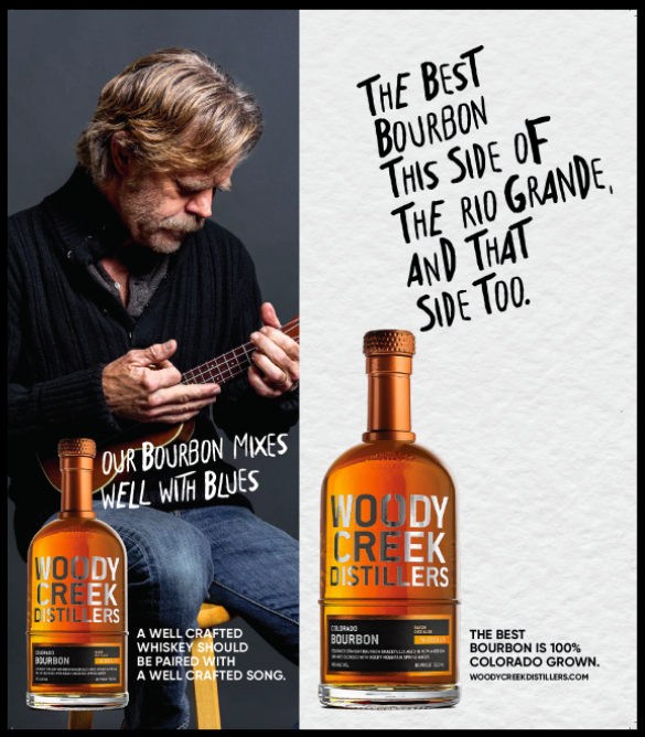 Poster of actor William H. Macy playing the ukulele while advertising Woody Creek Distillers.