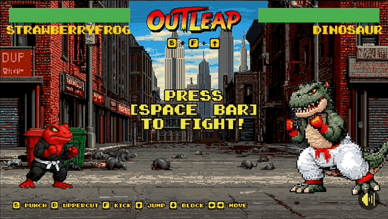 Animated pixel art game screen with 'Press Space Bar to Fight' prompt, featuring red Frog character in fighting stance on left facing Dinosaur character on right, set on NYC street with Empire State Building in background and arcade game controls displayed at bottom
